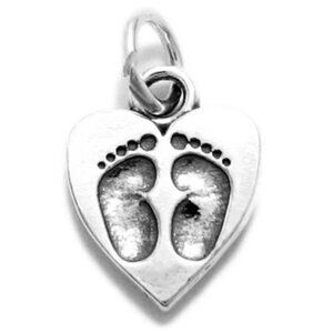 BABY FOOTPRINTS IN A HEART CHARM. STERLING SILVER